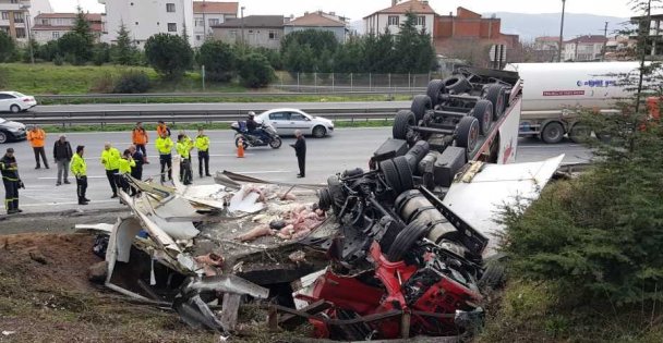 Et yüklü tır su kanalına devrildi